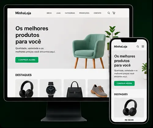 Mockup responsivo exibindo o design de uma loja virtual em um monitor e em um smartphone, demonstrando a adaptação da grade de produtos e do fluxo de e-commerce mobile desenvolvida pela Kametani Digital.
