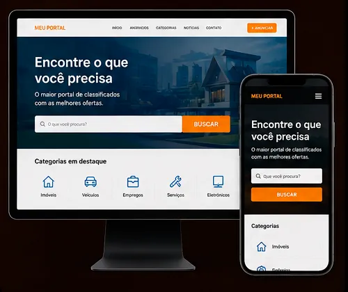 Mockup responsivo exibindo o site Meu Portal de Classificados em um monitor de computador e em um smartphone, demonstrando a adaptação de grades de categorias e barras de busca desenvolvida pela Kametani Digital.