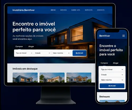 Mockup responsivo exibindo o site da Imobiliária BemViver em um monitor desktop e em um smartphone, destacando a otimização de filtros de busca e layout mobile desenvolvida pela Kametani Digital.