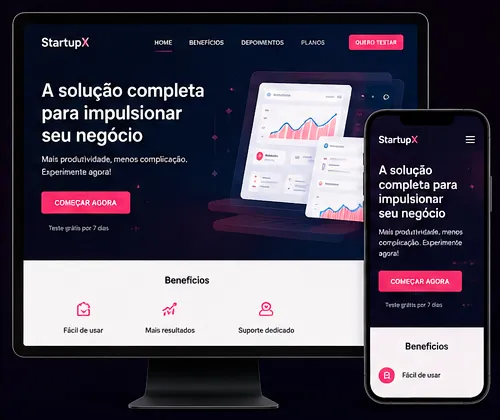 Mockup responsivo exibindo o site da StartupX em um monitor de computador e em um smartphone, demonstrando a adaptação do layout para mobile e desktop desenvolvida pela Kametani Digital.