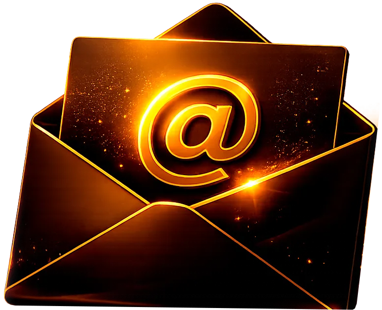 Ilustração de um envelope aberto com o símbolo de arroba dourado brilhante saindo de dentro, representando o serviço profissional de configuração de e-mail corporativo em servidores dedicados.