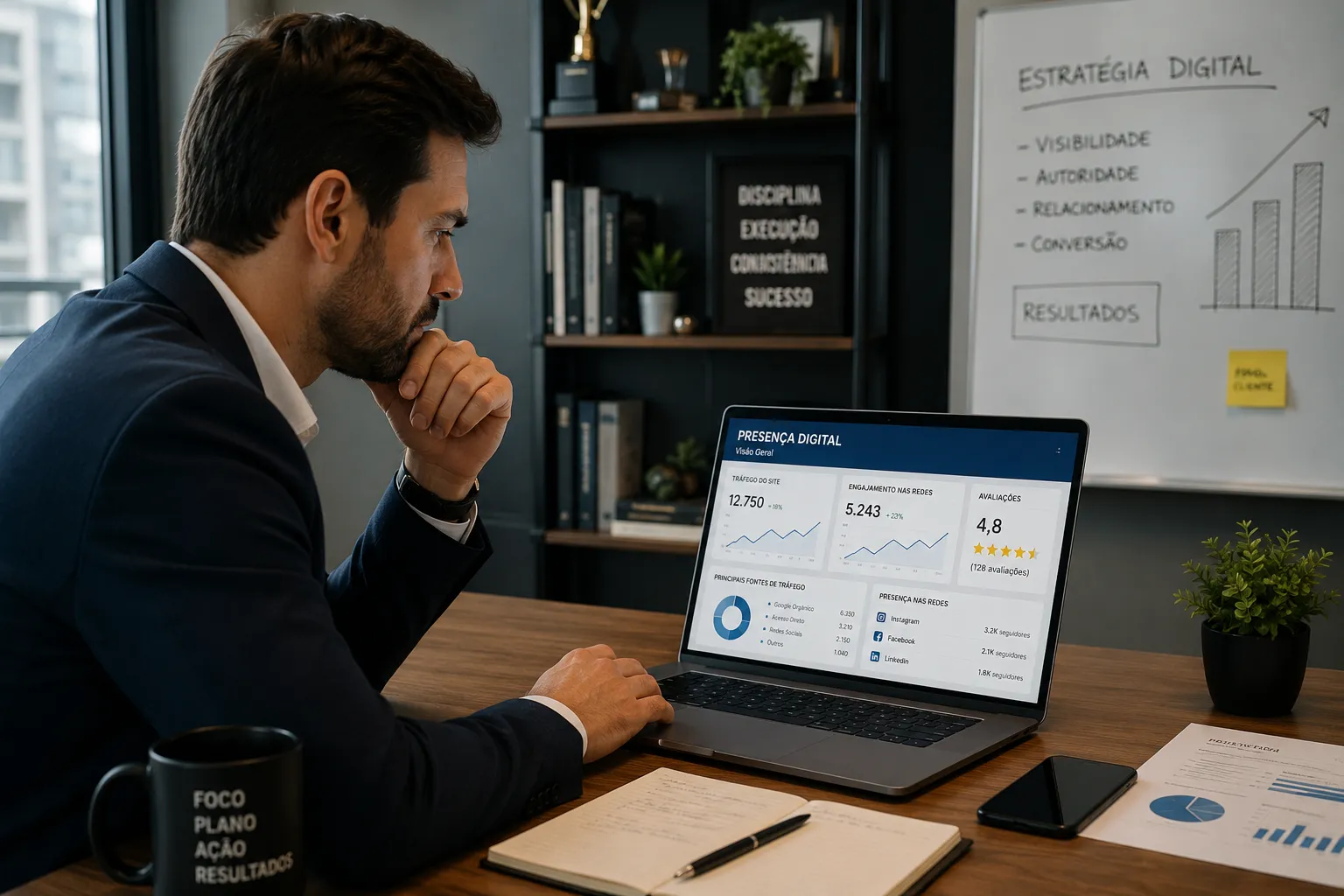 Empresário analisando presença digital da empresa no notebook