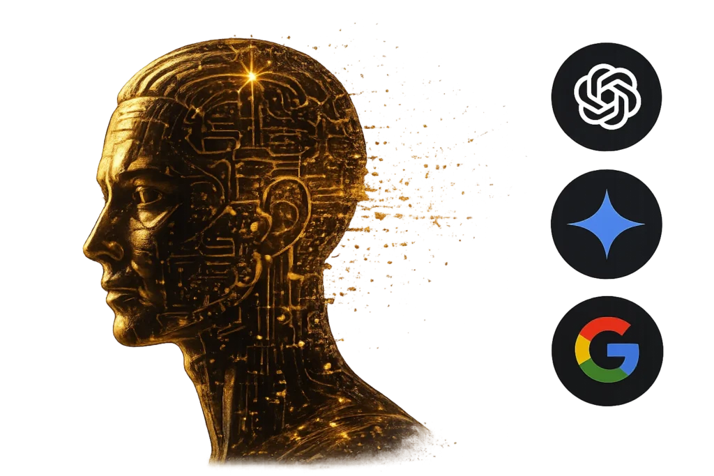 Ilustração conceitual de uma silhueta de cabeça humana dourada formada por circuitos tecnológicos de inteligência artificial, ao lado dos logotipos da OpenAI, Gemini e Google em fundo preto.