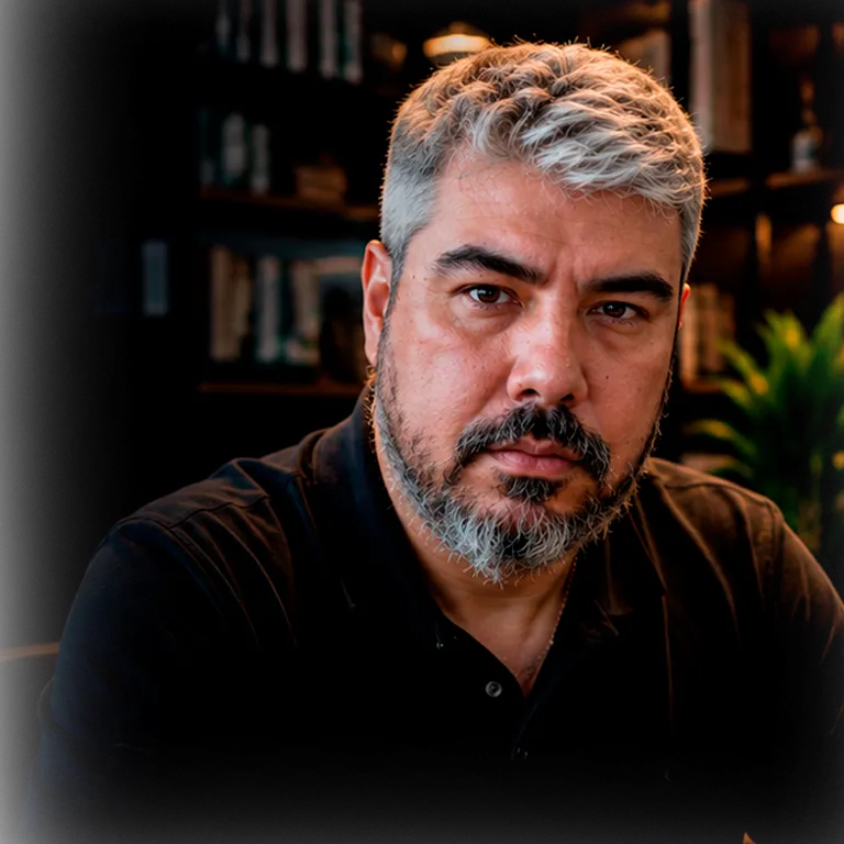 Retrato profissional em plano médio de Sérgio Kametani Junior, especialista técnico da Kametani Digital, vestindo camisa polo preta em um escritório com iluminação sutil ao fundo.