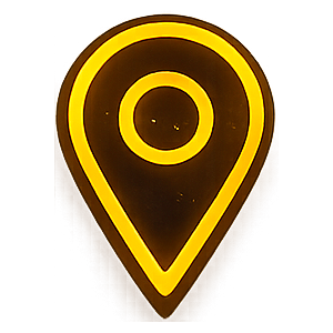 Ícone estilizado de pin de localização em formato neon dourado com fundo transparente.