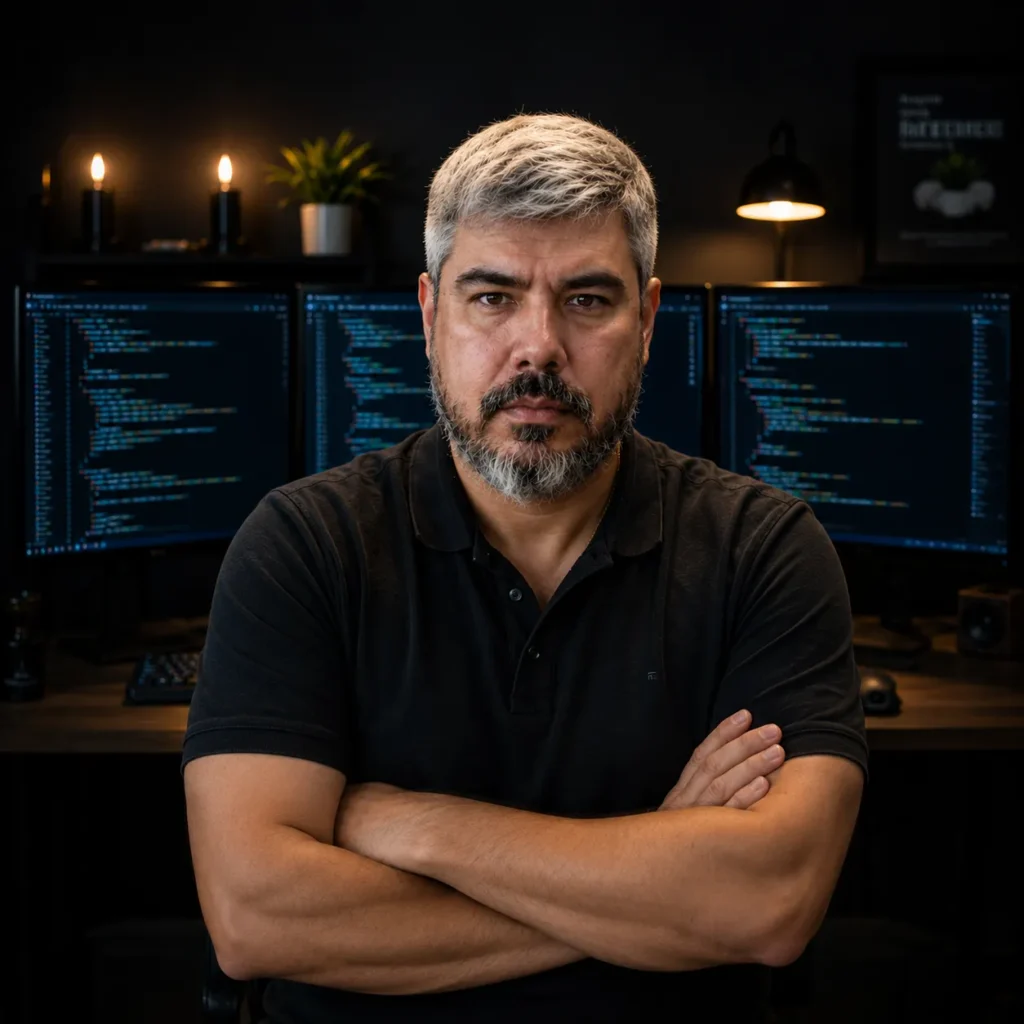 Retrato profissional de Sérgio Kametani Junior de braços cruzados em seu escritório tecnológico com monitores exibindo linhas de código ao fundo, representando a liderança técnica da Kametani Digital.